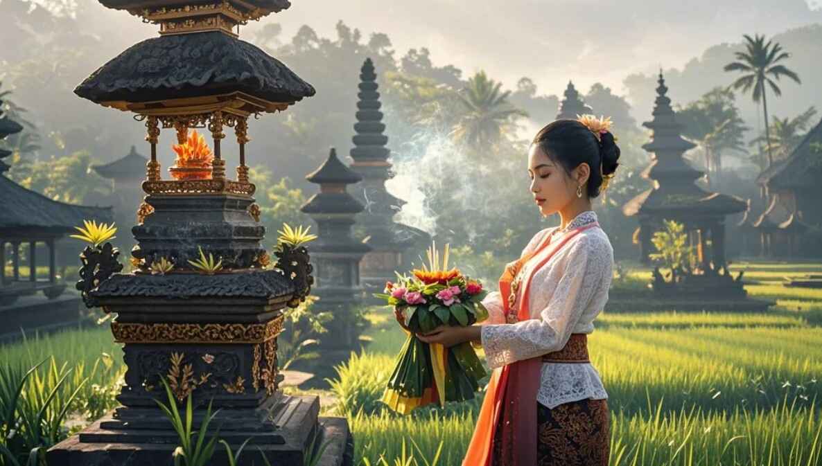 Ilustrasi : Gadis Bali sedang menghaturkan sesajen di Hari Raya Buda Wage Merakih di Subak / Sawah